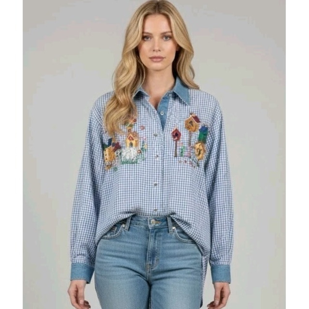 Vintage The Quacker Factory Blouse - Blue Gingham Birdhouse‎ Embroidery